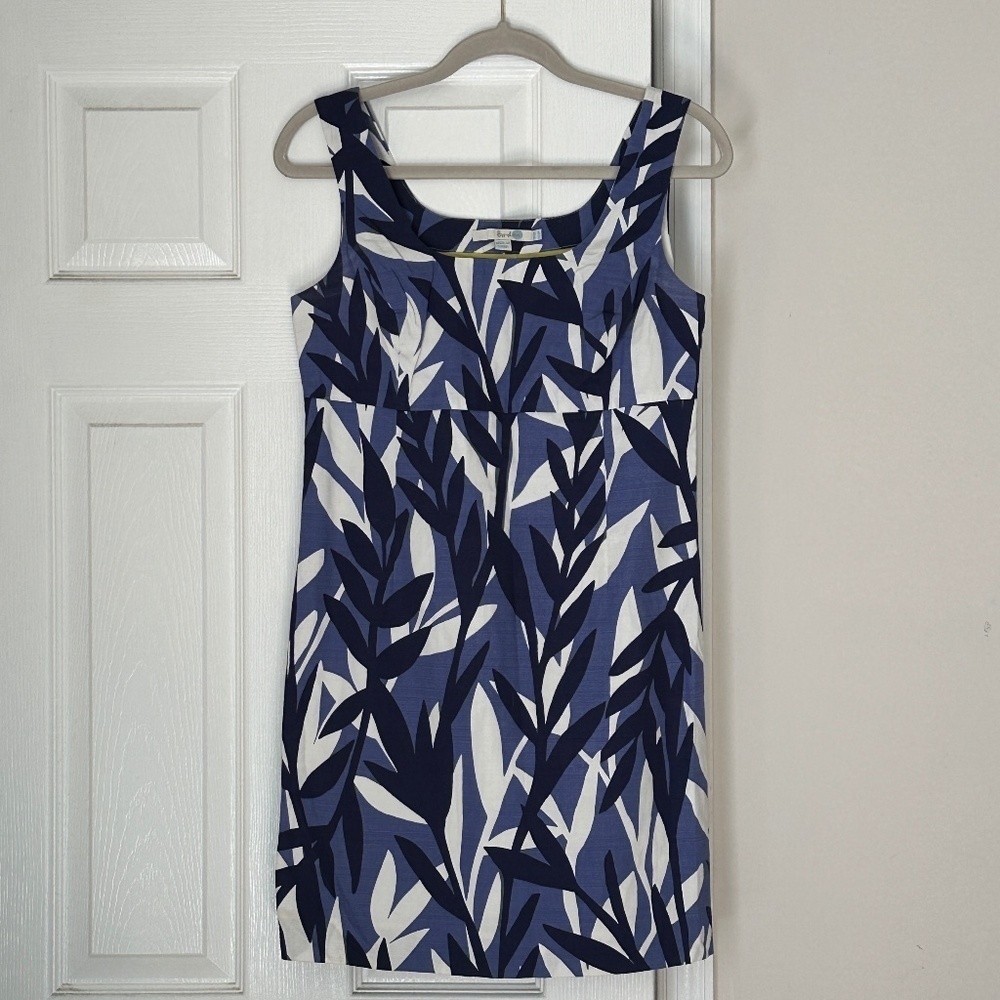 Boden Savannah Leaf Print Shift Dress Size 6 Petite Blue White Sundress Women